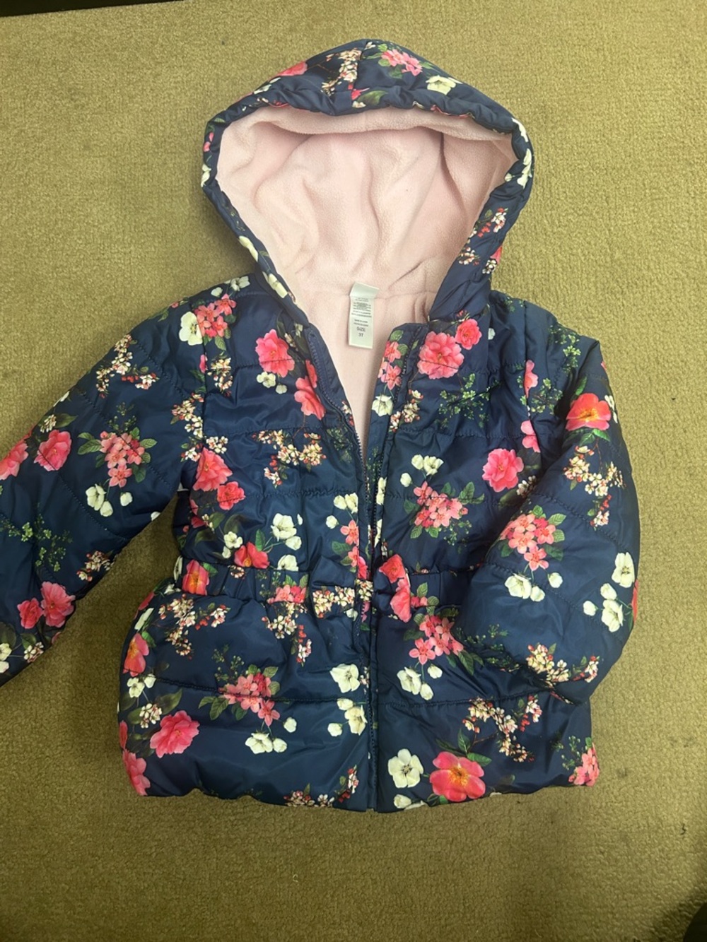 Little Me Navy Floral Hooded Puffer Jacket with Pink Lining size 3T machine wash